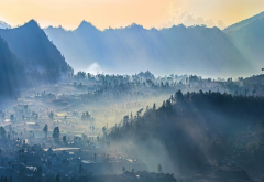 fog, mist, sunrise, nature, village, mountains, sun rays, indonesia, forest, valley, bali wallpaper