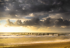 nature, landscapes, clouds, old, docks, beach, sea, waves, sand, sunset wallpaper