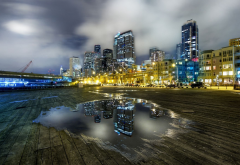 reflection, puddle, city, seattle, cityscape, architecture, skyscrapers, usa, night, lights, long ex wallpaper