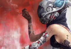 women, digital art, robots, cyborgs, technology, helmets, cigarettes, bare shoulders, pipes, cables, wallpaper