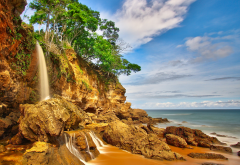 el chorro waterfall, sea, vliff, waterfall, nature, costa rica wallpaper