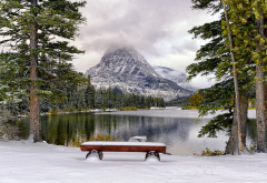 mountains, winter, bench, snow, tree, lake, park wallpaper