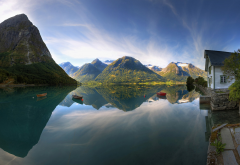 norway, fjord, reflections, mountains, river, boat, nature wallpaper