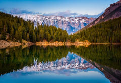alberta, canada, mountains, lake, forest, reflections wallpaper