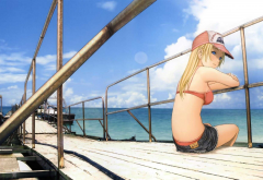 anime, girl ,pier, sea, bikini, cap, btooom! wallpaper