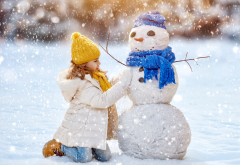 snowman, new year, christmas, snow, winter, girl wallpaper