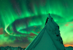 aurorae, nothern lights, stars, sky, peak, snow, winter, night, mountains wallpaper
