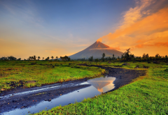 mayon volcano, mount mayon, albay, luzon, philippines, sunset, nature wallpaper