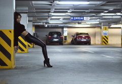 women, model, Black clothes, high heels, parking lot wallpaper