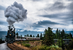 steam locomotive, steam train, train, smoke, tree, clouds, bridge, railway, nature wallpaper