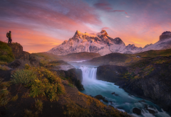 torres del paine national park, patagonia, chile, mountains, river, sunrise, landscape, nature, peak wallpaper