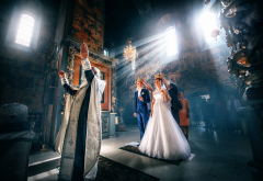priest, wedding, groom, bride, church, weddinf dress, light wallpaper