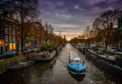 amsterdam, canal, boat, netherlands, city, evening wallpaper