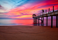 sky, sunset, beach, sea, pier, nature wallpaper