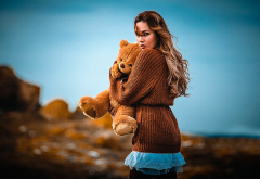 teddy bear, women, sweater, toy wallpaper