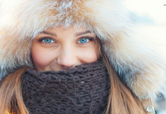fluffy hat, women, blue eyes, scarf, winter wallpaper