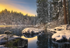 winter, sunset, lake, snow, forest, nature, landscape wallpaper