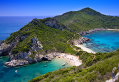 cape arilla, kerkira, corfu, greece, nature, beach, sea, hill, summer, boat, sand, island wallpaper