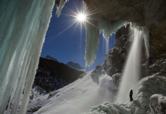 winter, snow, ice, icicle, men, waterfall, nature, landscape, mountains wallpaper
