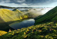 mountains, iceland, hills, clouds, fog, mist, lake, grass, nature, landscape wallpaper