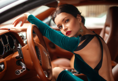 women, car, interior, steering wheel, brunette, model wallpaper