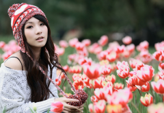 beanie, asian, women, hat, tolips, flowers, nature wallpaper