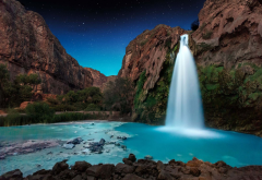 waterfall, starry night, rocks, turquoise, canyon, long exposure, nature wallpaper