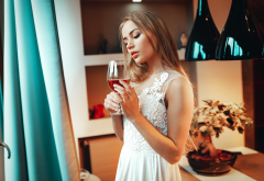 women, wine glass, white dress, standing, juicy lips wallpaper