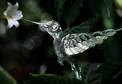 mechanical hummingbird, bird, flowers, leaves, macro, hummingbird, robot wallpaper