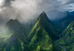 reunion island, mountains, clouds, photography, island, valley, sun rays, nature, landscape wallpaper