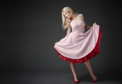 women, dress, polka dot dress, dotted dress, blonde, red heels wallpaper
