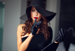 girl, brown hair, red lips, silence, black hat, dominant woman wallpaper