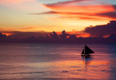 sailboat, sunset, sea, calm, clouds, purple sky, nature wallpaper