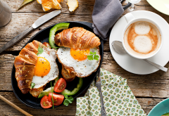 food, tomato, coffee, scrambled eggs, cup, spoon, breakfast wallpaper
