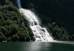 geiranger fjord, norway, waterfall, forest, nature wallpaper