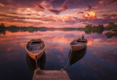 nature, lake, norway, boat, sunset, reflection, clouds wallpaper