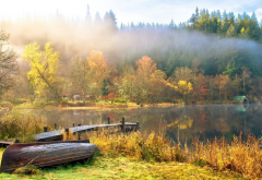 nature, autumn, lake, boat, forest, fog, fall wallpaper