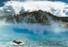 mist, yellowstone national park, springs, nature, mountains, clouds wallpaper