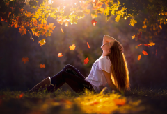 girl, women, fall, leaves, maple, light, autumn wallpaper