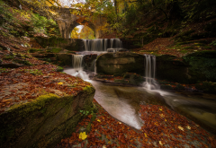 old bridge, river, rapids, waterfall, nature, autumn, fall, stream wallpaper