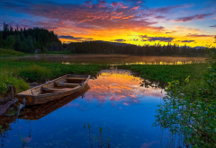 lake, boat, sunset, nature, reflection wallpaper