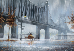 city, bridge, fall, couple, art, picture, painting, autumn, rain wallpaper