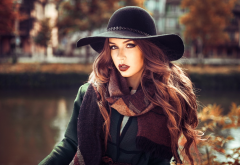 brunette, hat, autumn, river, women, lady wallpaper