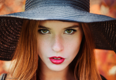 women, hat, face, portrait, freckles, red lipstick wallpaper