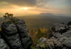 mountains, forest, sky, landscape, sunset, trees, rocks, cliff, nature wallpaper