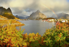 reine, gravdalsbukta, clouds, rainbow, nature, town, norway wallpaper