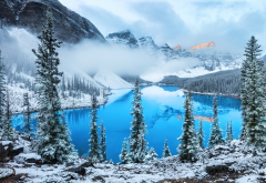 moraine lake, canada, alberta, lake, mountains, clouds, winter, nature, snow wallpaper