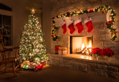 christmas, holidays, fireplace, new year, christmas tree, comfort wallpaper