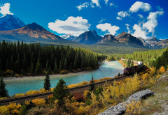 national park, alberta, canada,banff, bow river, train, railway, rails, mountains, forest, nature wallpaper