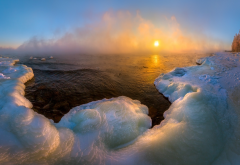 ladoga lake, ice, coast, cold, sunset, winter, lake, nature, russia wallpaper